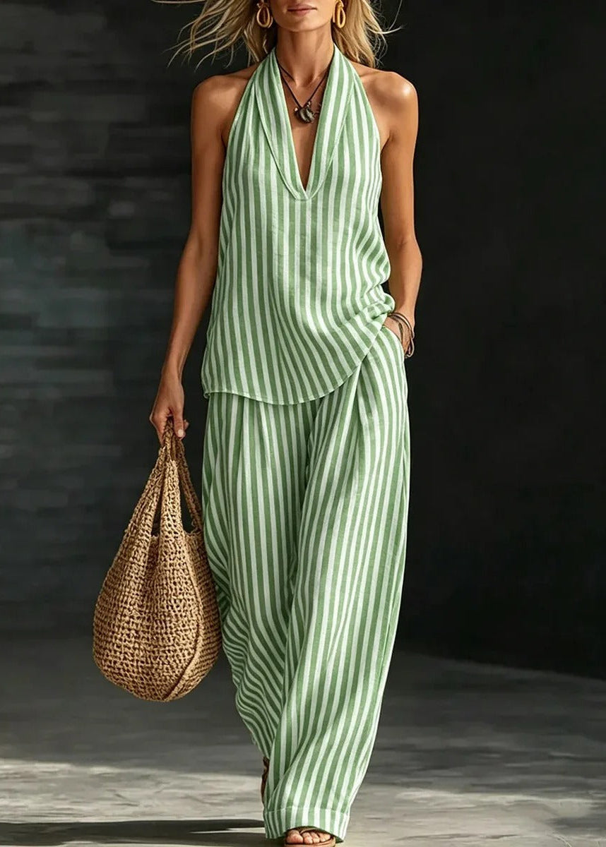 Sofía - Conjunto Efecto Lino con Top Halter y Pantalón Ancho a Rayas