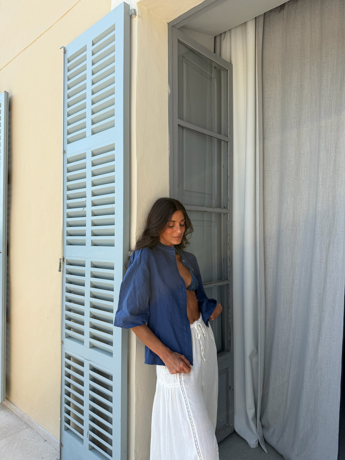 Balloon Sleeve Linen Blouse in Dark Denim