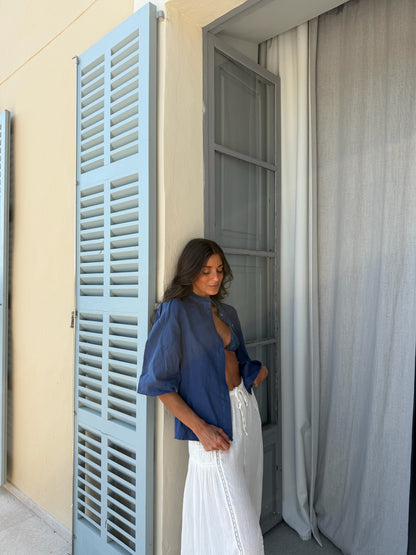 Balloon Sleeve Linen Blouse in Dark Denim