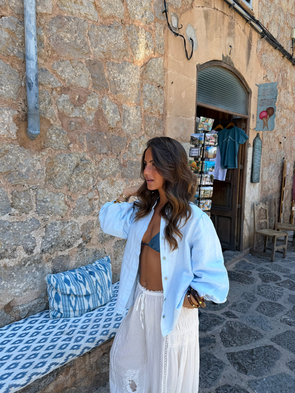 Balloon Sleeve Linen Blouse in Sky Blue