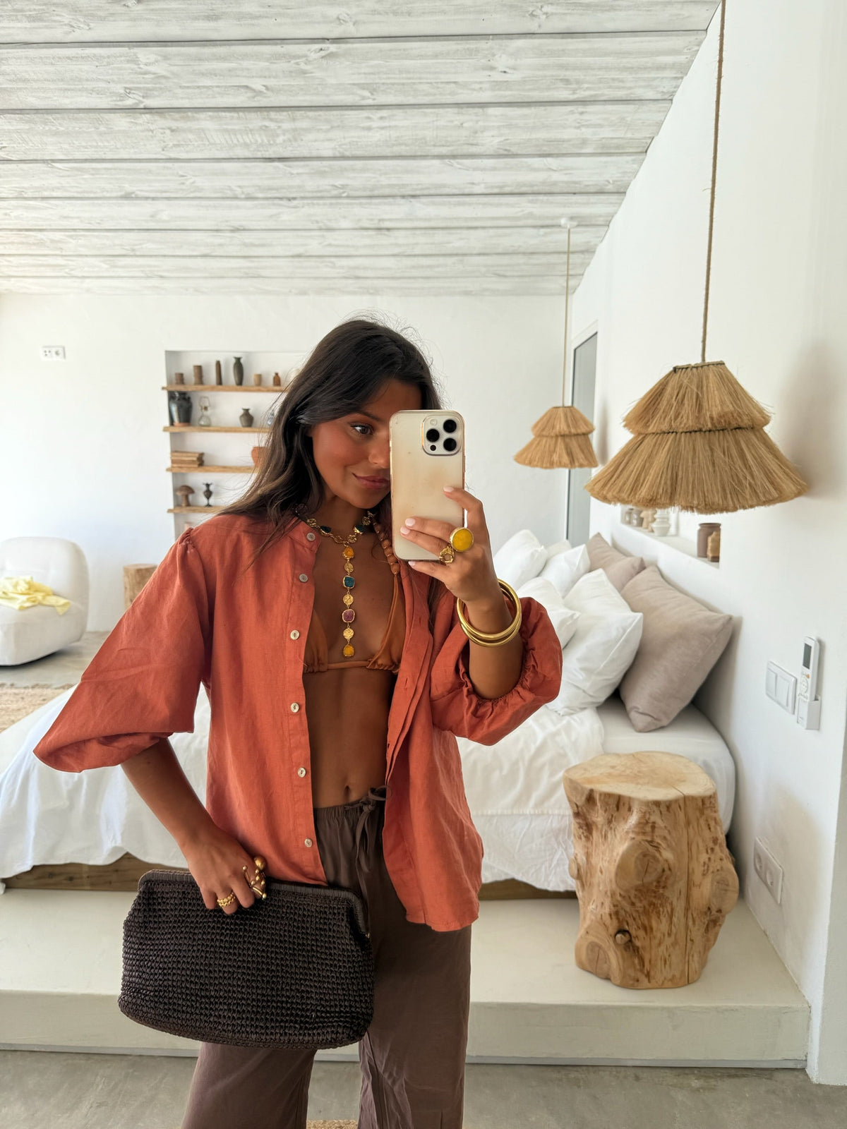 Balloon Sleeve Linen Blouse in Terracota