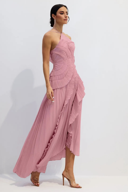 Nina - Vestido midi asimétrico plisado con cuello halter