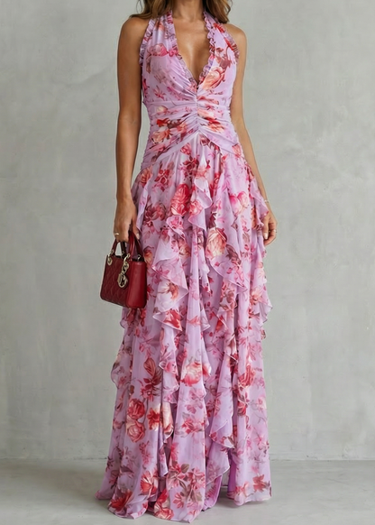 Bella | Cascada Romántica de Rosas Vestido Largo con Escote Americano