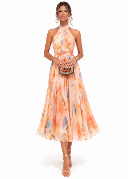 Aurora | Vestido con Cuello Halter y Estampado Acuarela