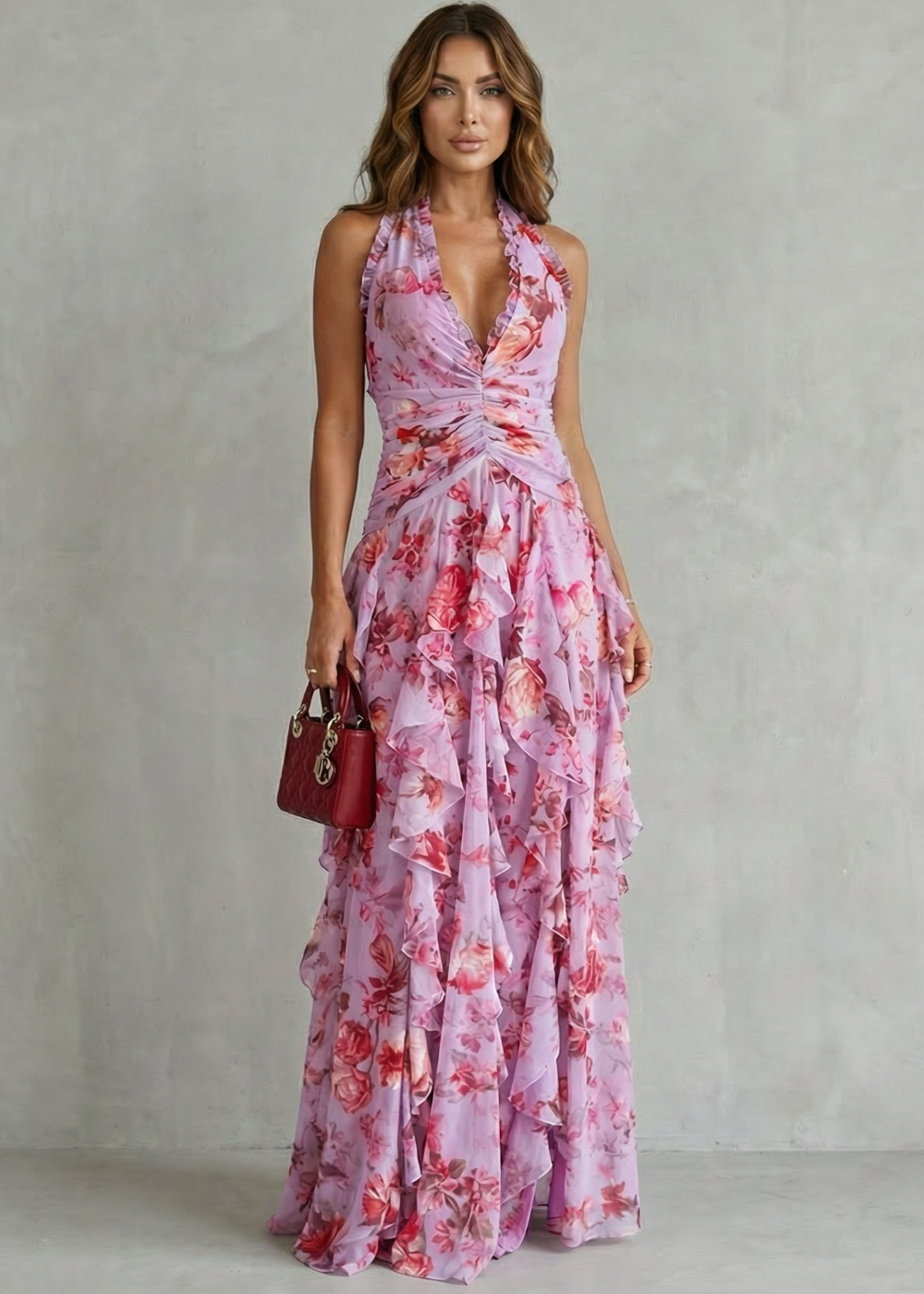 Bella | Cascada Romántica de Rosas Vestido Largo con Escote Americano