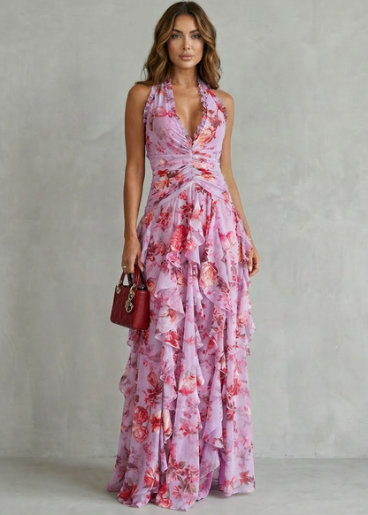 Bella | Cascada Romántica de Rosas Vestido Largo con Escote Americano