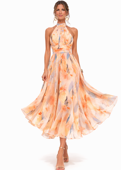 Aurora | Vestido con Cuello Halter y Estampado Acuarela