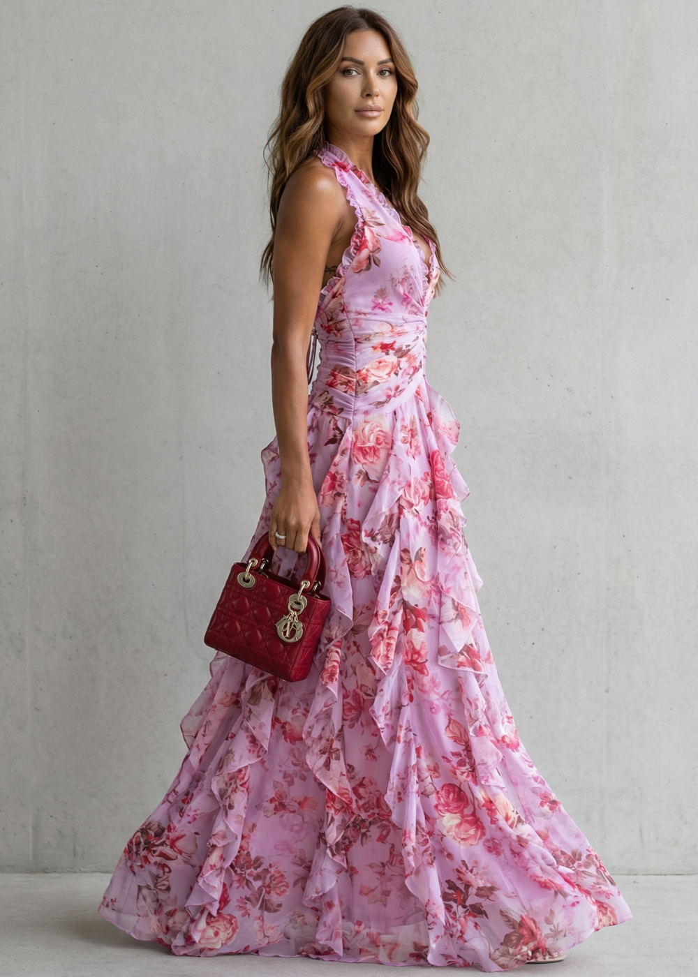 Bella | Cascada Romántica de Rosas Vestido Largo con Escote Americano