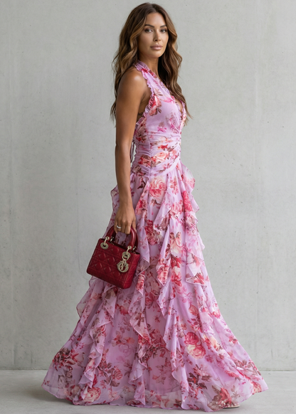 Bella | Cascada Romántica de Rosas Vestido Largo con Escote Americano