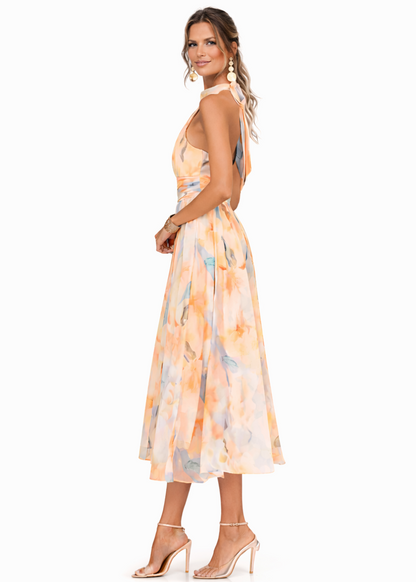 Aurora | Vestido con Cuello Halter y Estampado Acuarela