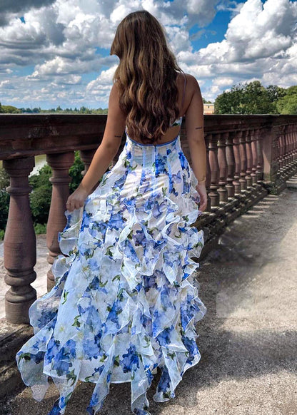 Iria | Vestido Midi Floral con Volantes Fruncidos