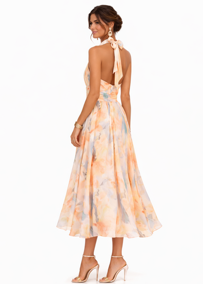 Aurora | Vestido con Cuello Halter y Estampado Acuarela
