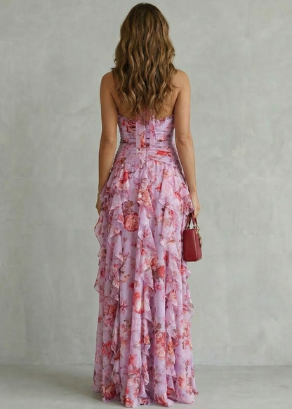 Bella | Cascada Romántica de Rosas Vestido Largo con Escote Americano