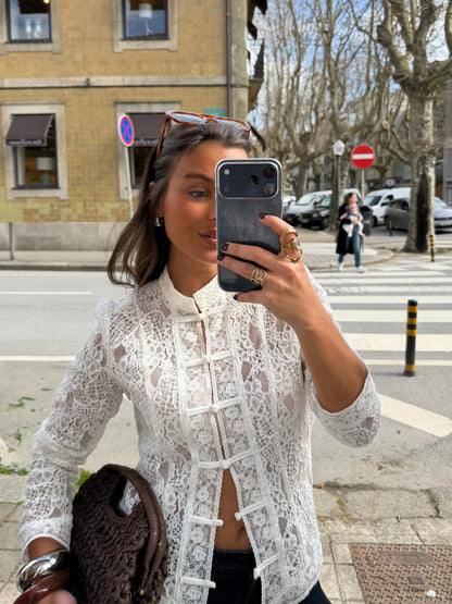 Lace Tie Front Top in Off-White