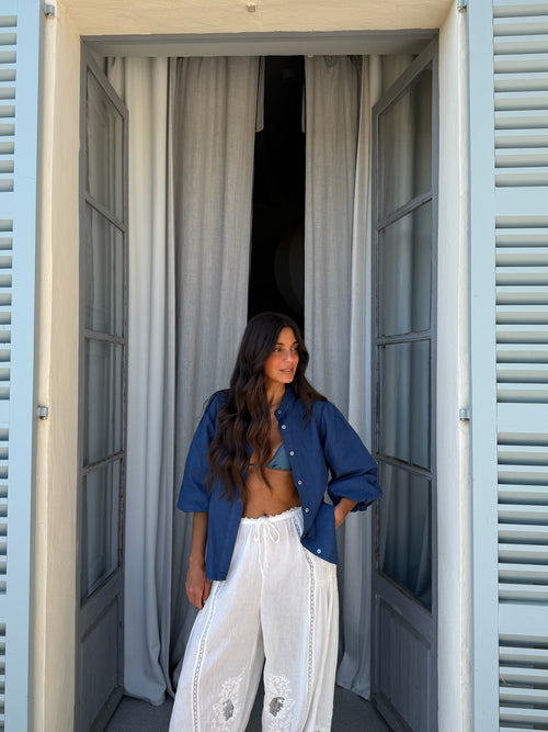 Balloon Sleeve Linen Blouse in Dark Denim