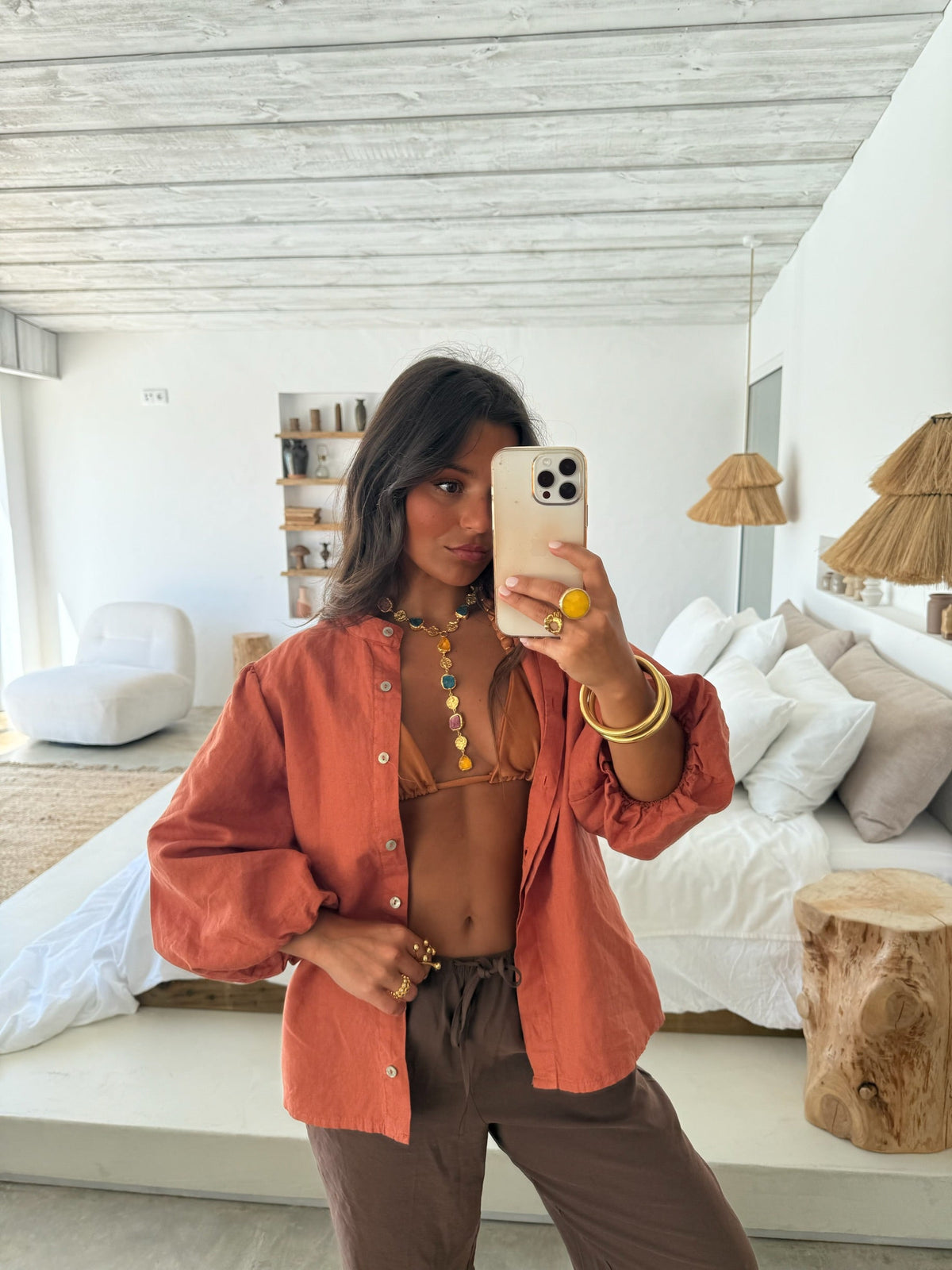Balloon Sleeve Linen Blouse in Terracota