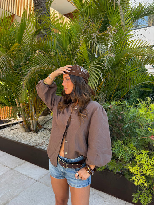 Balloon Sleeve Linen Blouse in Brown