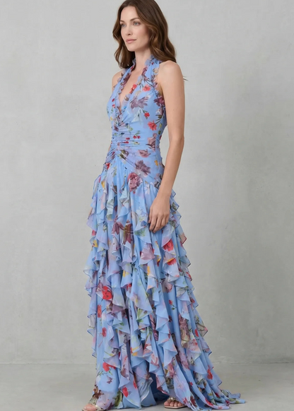 Bella | Cascada Romántica de Rosas Vestido Largo con Escote Americano