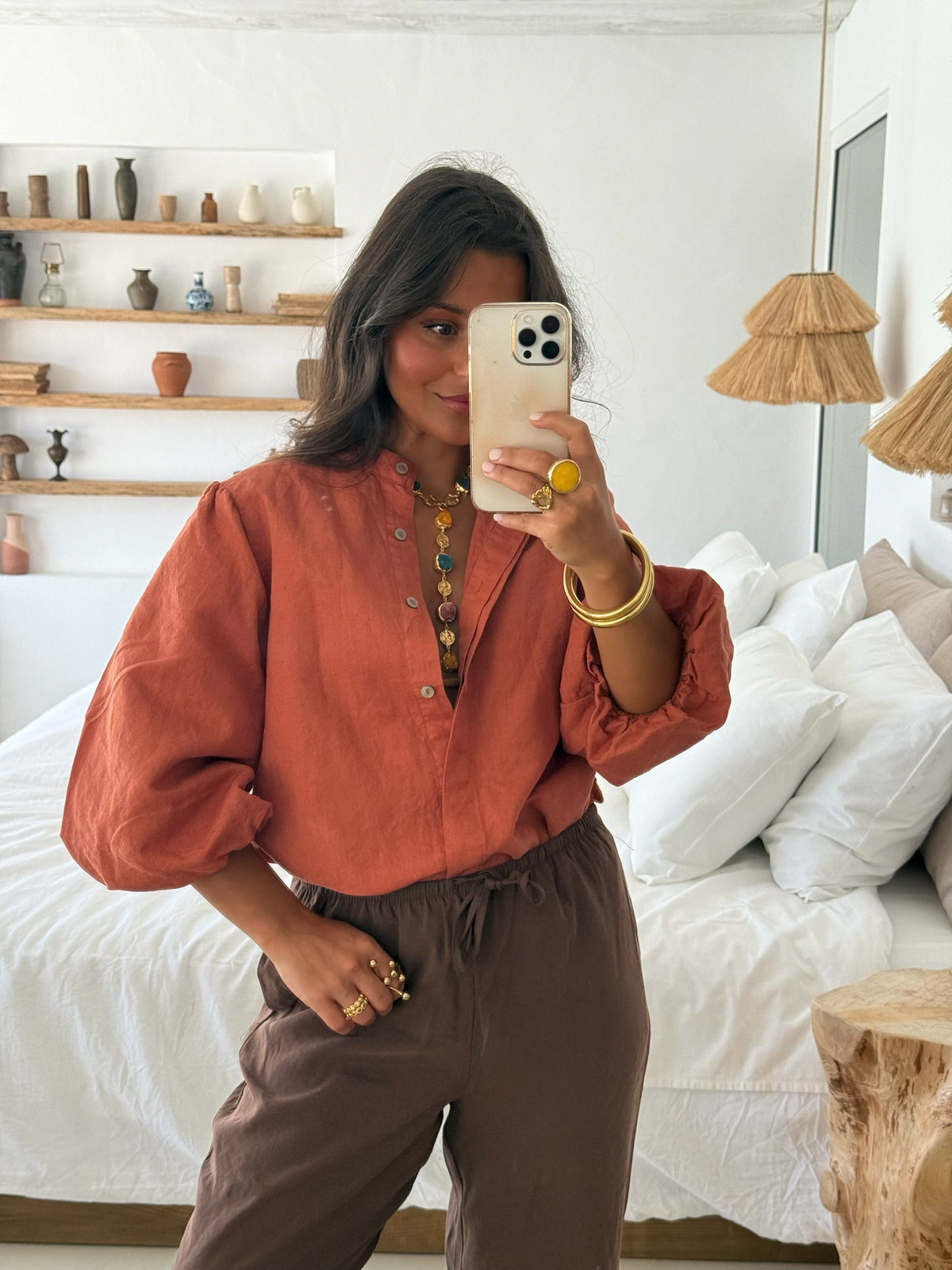 Balloon Sleeve Linen Blouse in Terracota