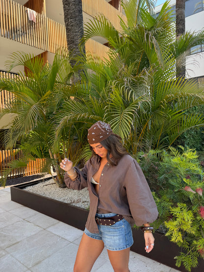 Balloon Sleeve Linen Blouse in Brown