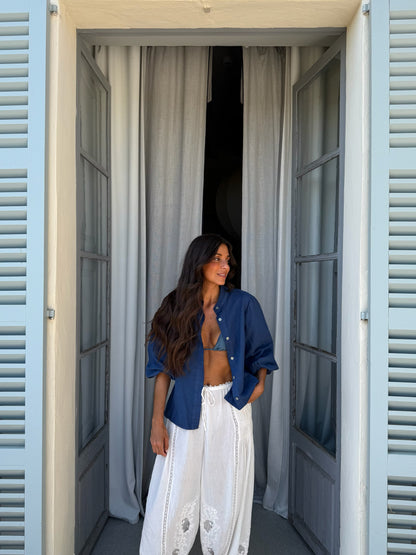 Balloon Sleeve Linen Blouse in Dark Denim