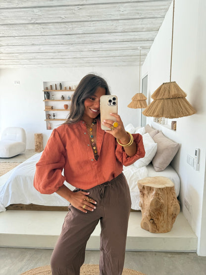 Balloon Sleeve Linen Blouse in Terracota
