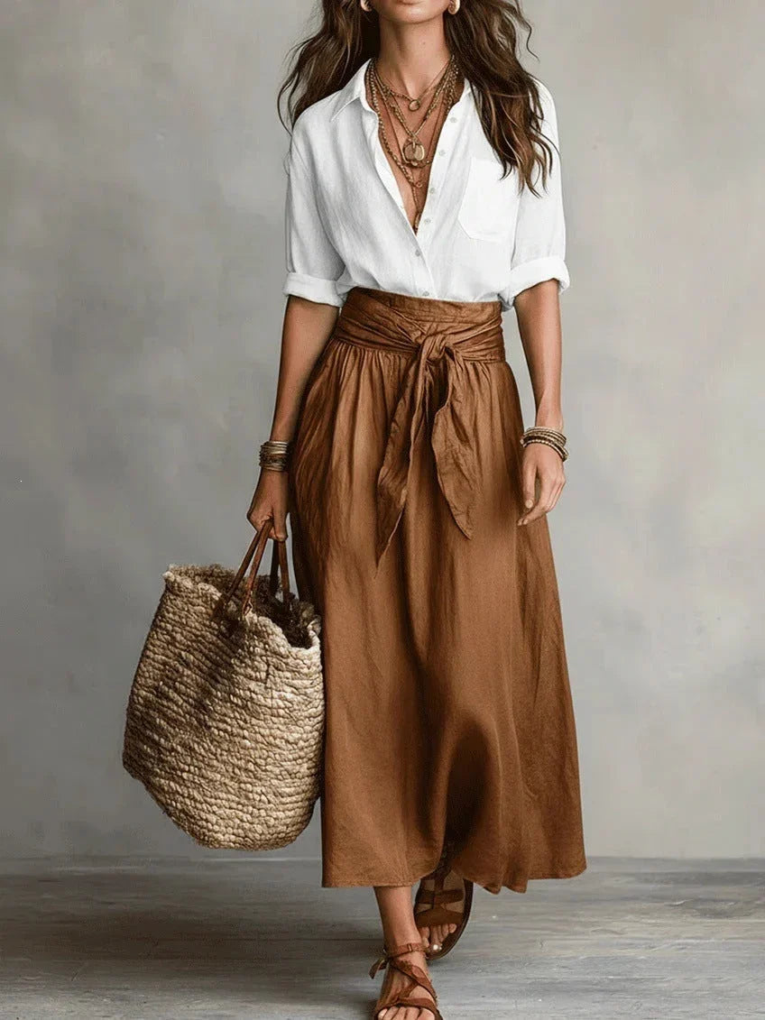 VIDA - Conjunto Elegante de Dos Piezas con Blusa Negra y Falda Midi