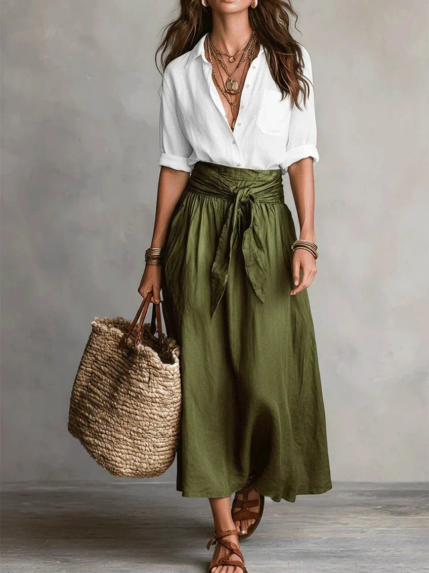 VIDA - Conjunto Elegante de Dos Piezas con Blusa Negra y Falda Midi
