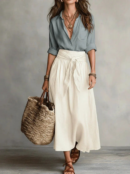 VIDA - Conjunto Elegante de Dos Piezas con Blusa Negra y Falda Midi