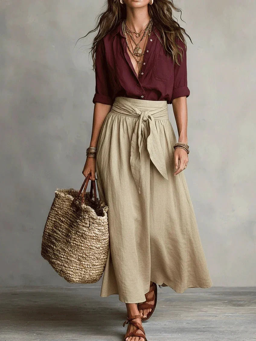 VIDA - Conjunto Elegante de Dos Piezas con Blusa Negra y Falda Midi