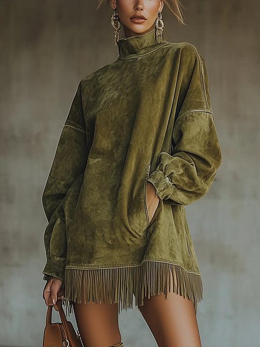 Gabriela | Vestido de gamuza con cuello alto y flecos