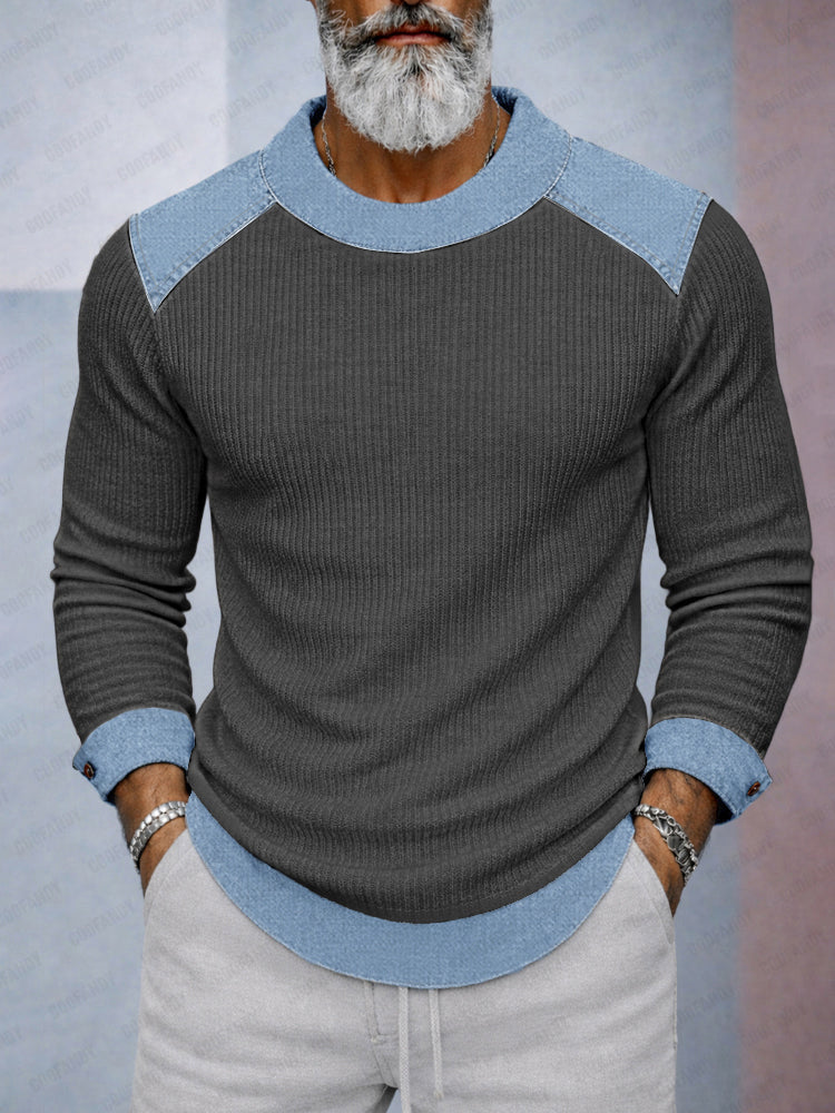 Casual Versatile Denim Patchwork Knit Top