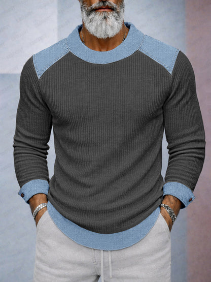 Casual Versatile Denim Patchwork Knit Top