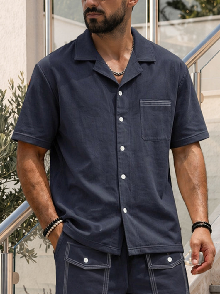 Conjunto de camisa de algodón casual con bolsillo y costuras en contraste