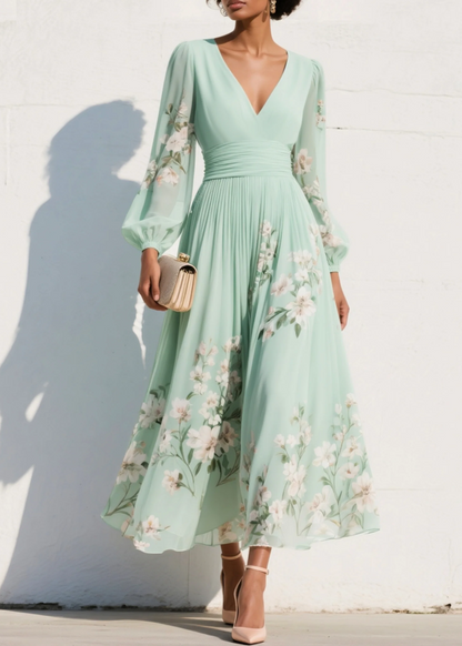 Gisela | Vestido midi verde claro floral