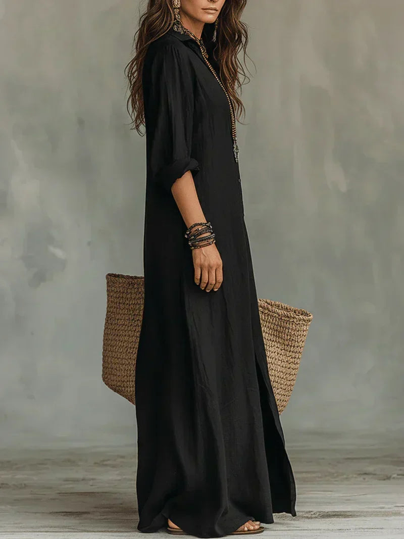 Céline - Vestido Maxi Negro de Volumen con Botones