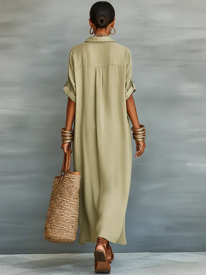 Megan - Vestido Maxi Verde Oliva de Líneas Minimalistas
