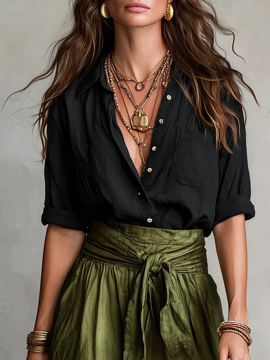 VIDA - Conjunto Elegante de Dos Piezas con Blusa Negra y Falda Midi