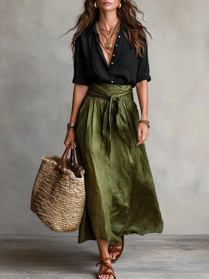 VIDA - Conjunto Elegante de Dos Piezas con Blusa Negra y Falda Midi