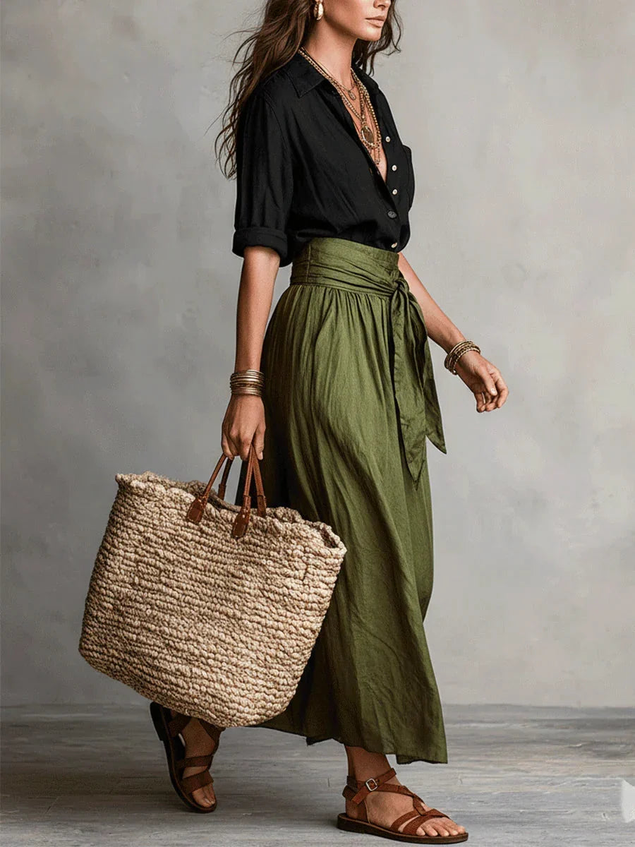 VIDA - Conjunto Elegante de Dos Piezas con Blusa Negra y Falda Midi