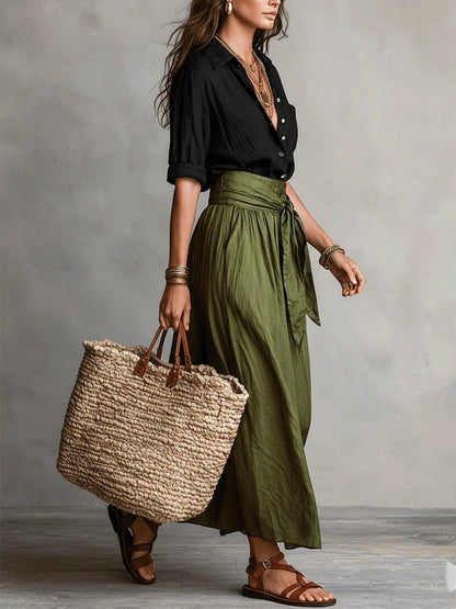 VIDA - Conjunto Elegante de Dos Piezas con Blusa Negra y Falda Midi