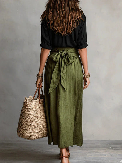 VIDA - Conjunto Elegante de Dos Piezas con Blusa Negra y Falda Midi