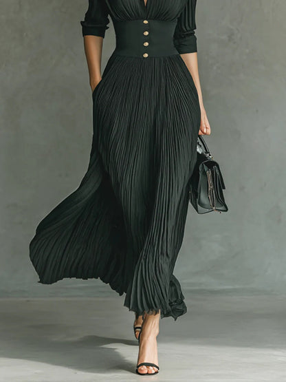 Elvira | Vestido largo plisado con solapa y talle alto
