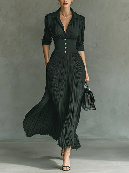 Elvira | Vestido largo plisado con solapa y talle alto
