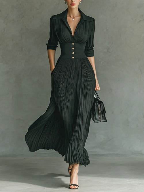 Elvira | Vestido largo plisado con solapa y talle alto