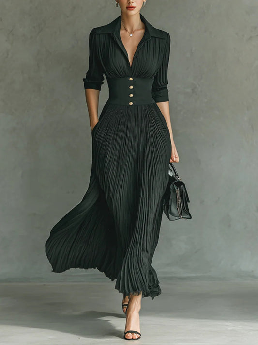 Elvira | Vestido largo plisado con solapa y talle alto