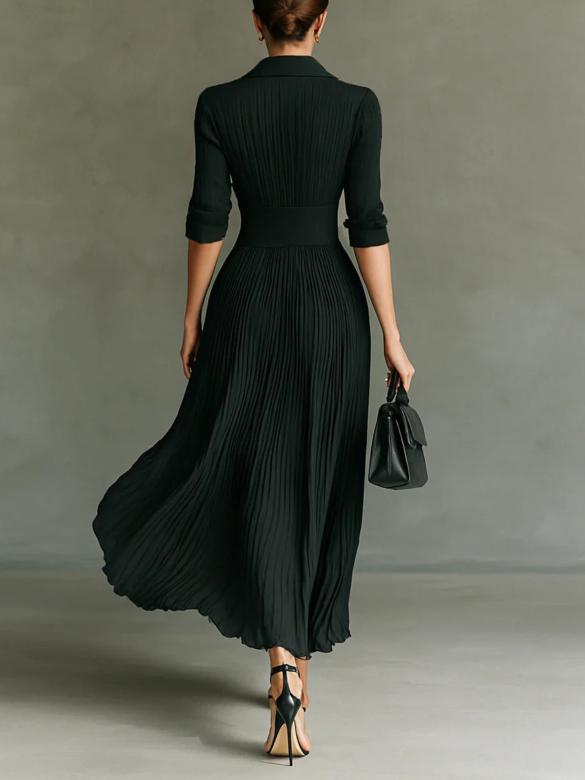 Elvira | Vestido largo plisado con solapa y talle alto
