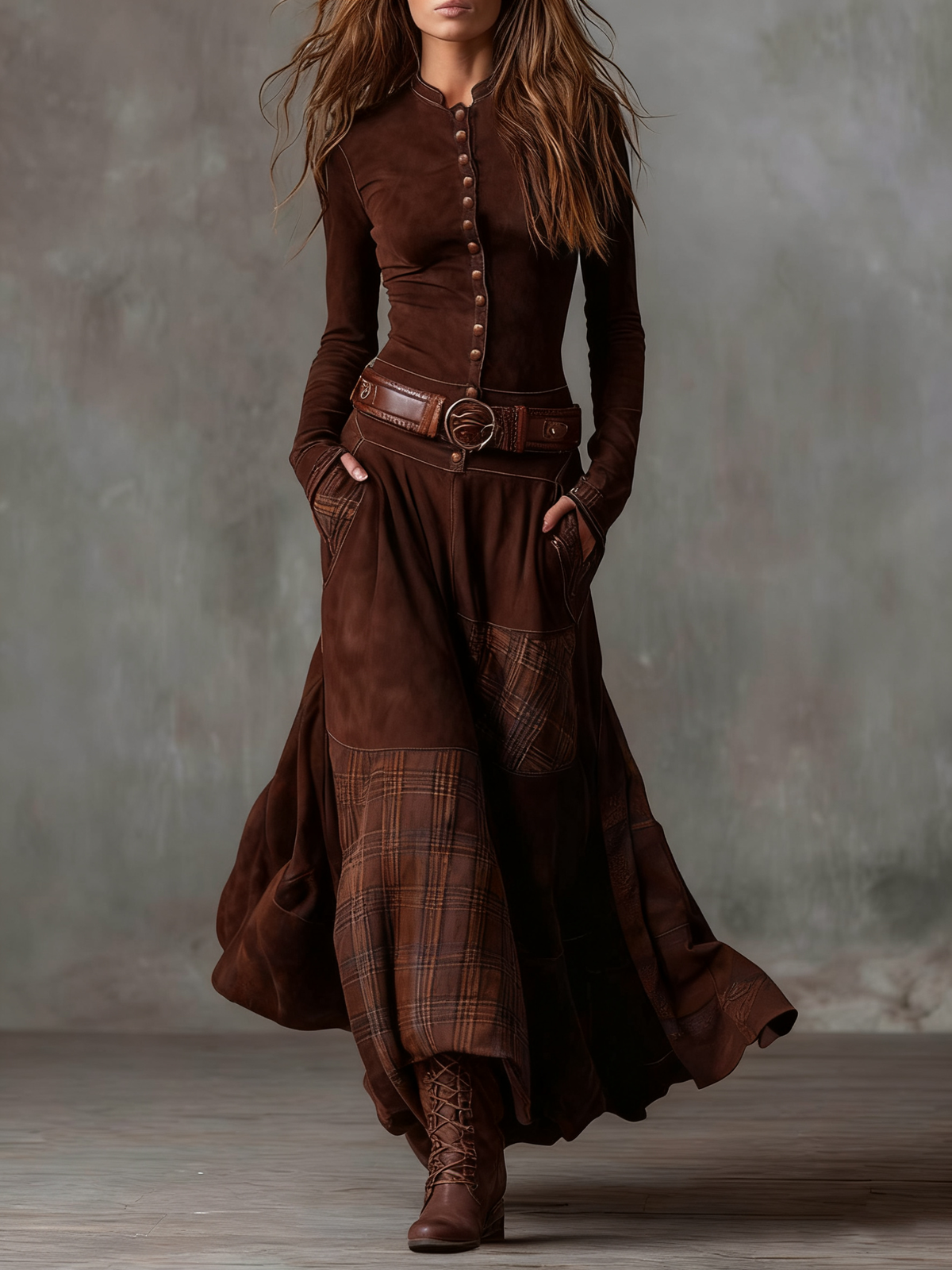 Elisa | Vestido maxi de gamuza con cinturón