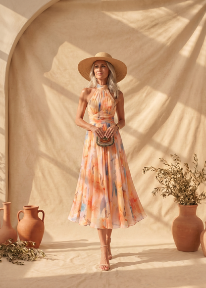 Aurora | Vestido con Cuello Halter y Estampado Acuarela