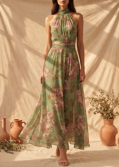 Livia | Vestido Maxi Halter Floral Elegante